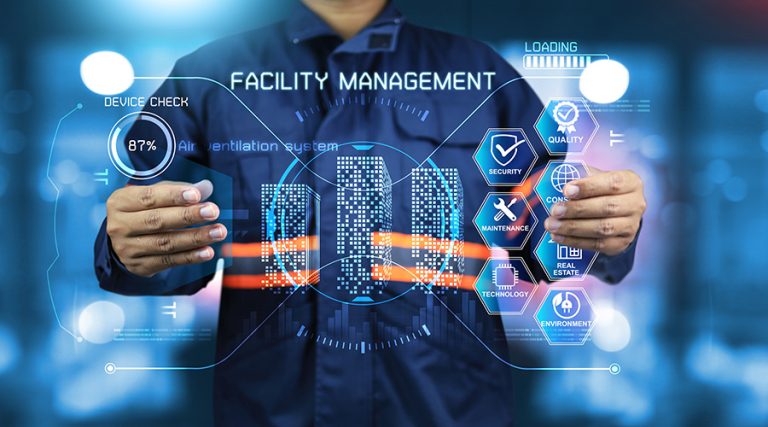 Facility management concept with holographic interface showing building systems, maintenance, security, quality, technology, real estate, and environment solutions